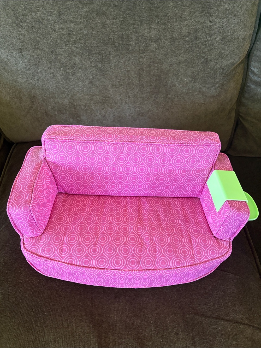 American Girl Pink Patterned Mini Sofa with Green Tray Accent